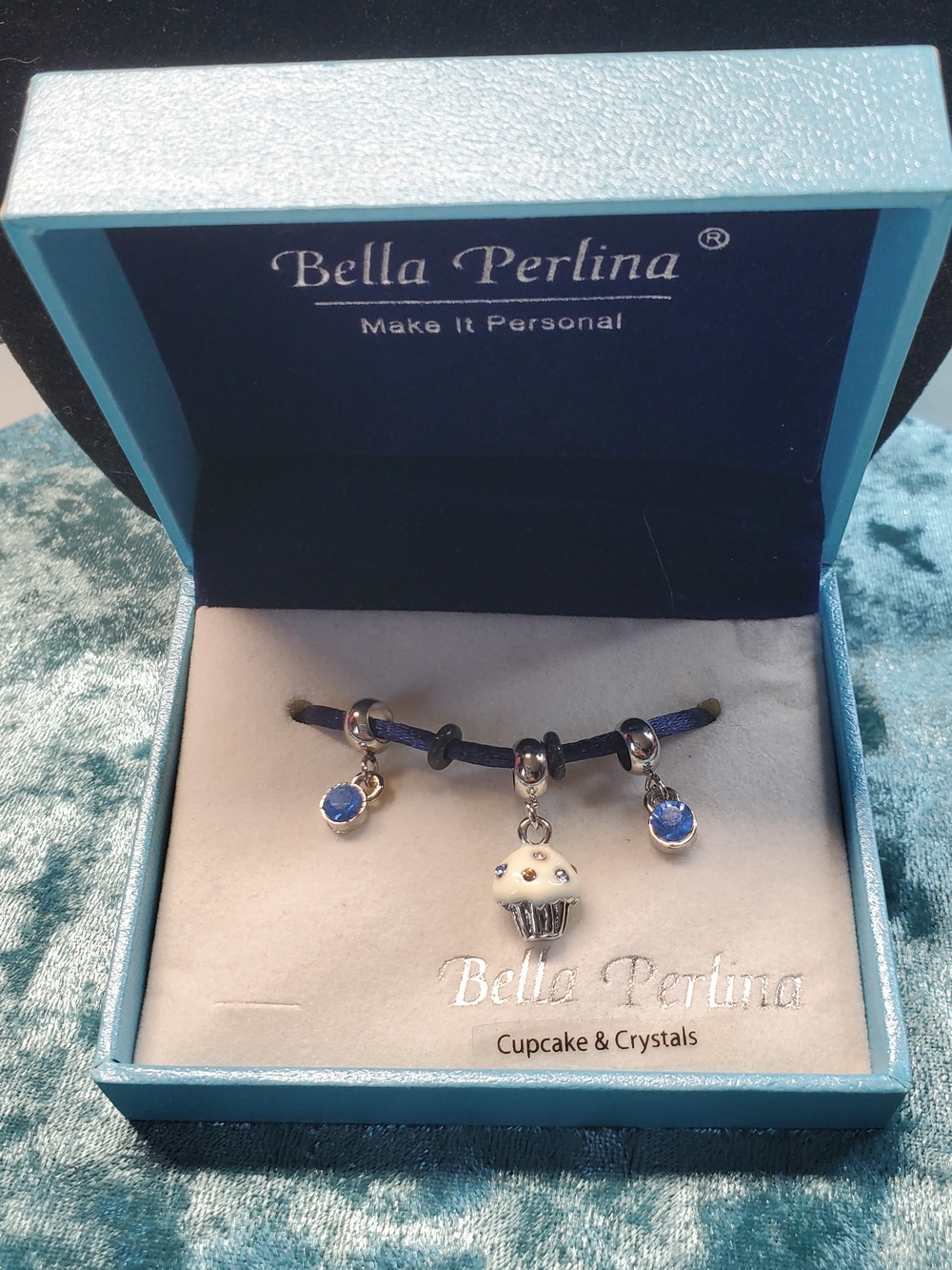 bella Perlina Navy Cord Cupcake Charm Bracelet with Blue Crystals